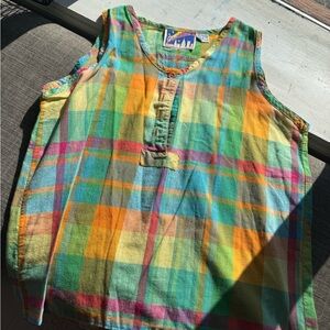 Vintage 90s Rainbow Plaid Sleeveless Blouse‎ Size Small